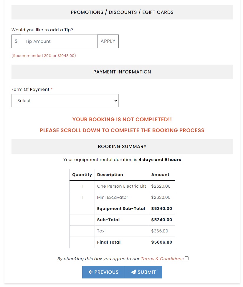 screenshot of Booking Tool Equipment Rental
